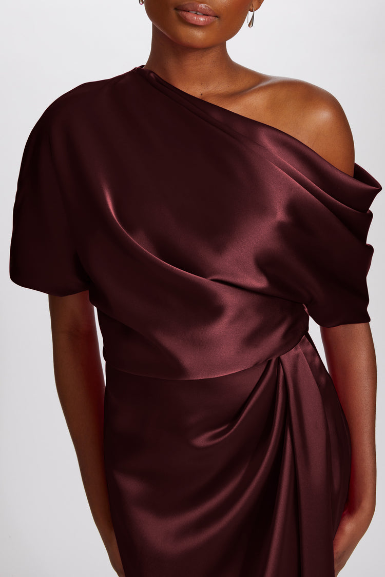 Image number 7: Fluid Satin Off-the-Shoulder Gown in Ruby, view 2