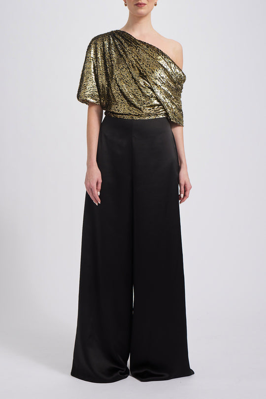 Gold Lamé Draped Jumpsuit, $1,550, dress from Collection Evening by Amsale, Fabric: lame-velvet-satin