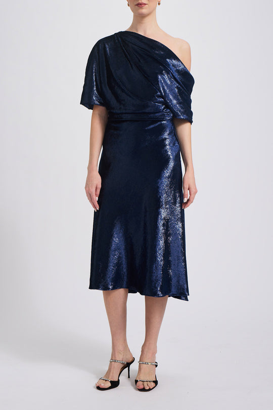 Navy Lamé Draped Cocktail Dress, $1,350, dress from Collection Evening by Amsale, Fabric: lame-velvet