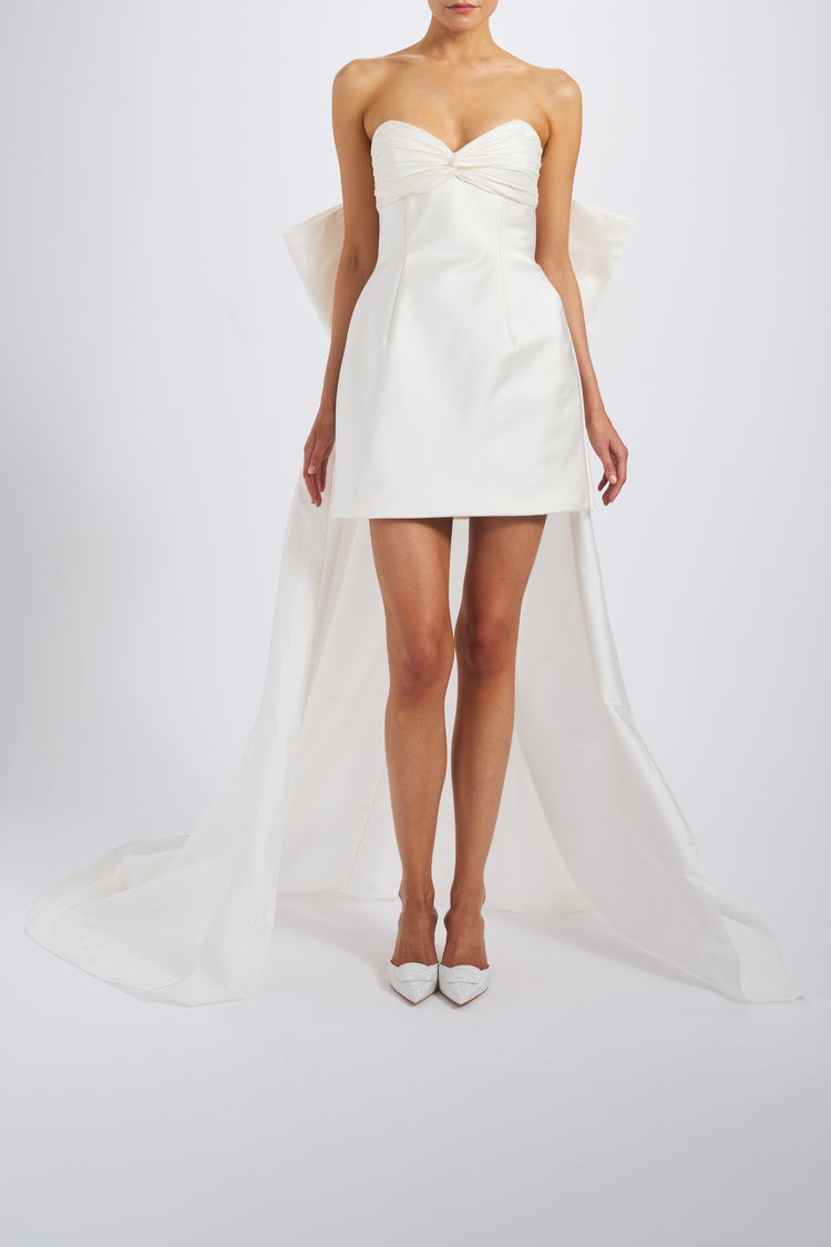 Image number 0: Duchess Satin Mini Dress with Taffeta Train, front view