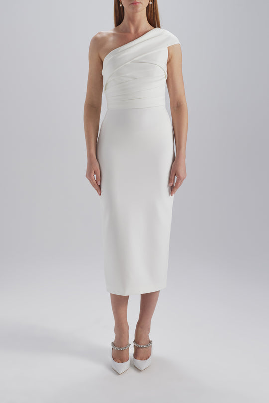 Pleated One-Shoulder Dress, $775, dress from Collection Little White Dress by Amsale, Fabric: crepe