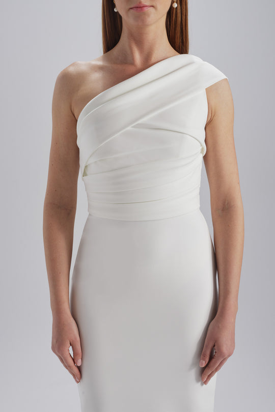 Pleated One-Shoulder Dress, $775, dress from Collection Little White Dress by Amsale, Fabric: crepe