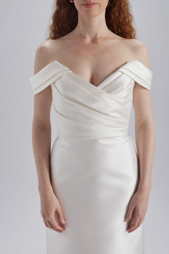 Mikado Draped Shoulder Dress, $775, dress from Collection Little White Dress by Amsale, Fabric: mikado