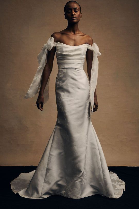 Maeve, $6,495, dress from Collection Bridal by Amsale, Fabric: floral-print-mikado