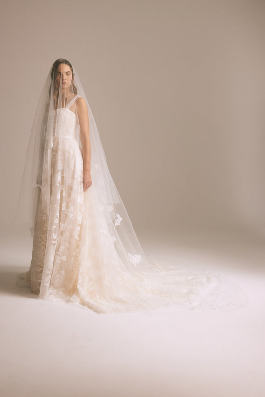 Veil - matching Calypso, $900, dress from Collection Bridal by Nouvelle Amsale, Fabric: floral-embroidered-tulle