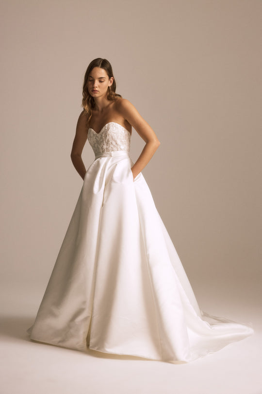Duchess Satin Overskirt, $1,995, dress from Collection Bridal by Nouvelle Amsale, Fabric: duchess-satin
