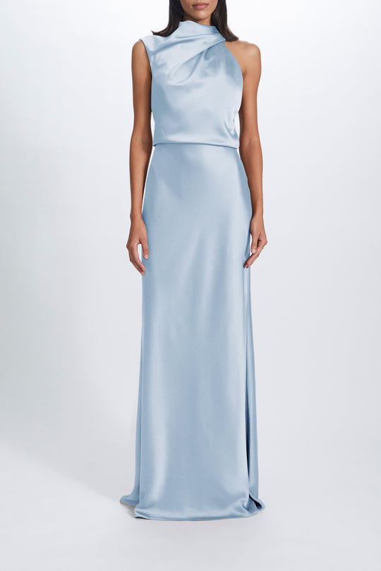 Fluid Satin Draped Neck Dress, $595, dress from Collection Evening by Amsale, Fabric: fluid-satin