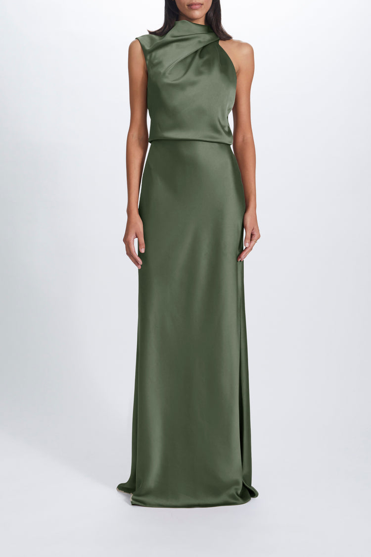 Image number 4: Fluid Satin Draped Neck Dress in Olive, view 1