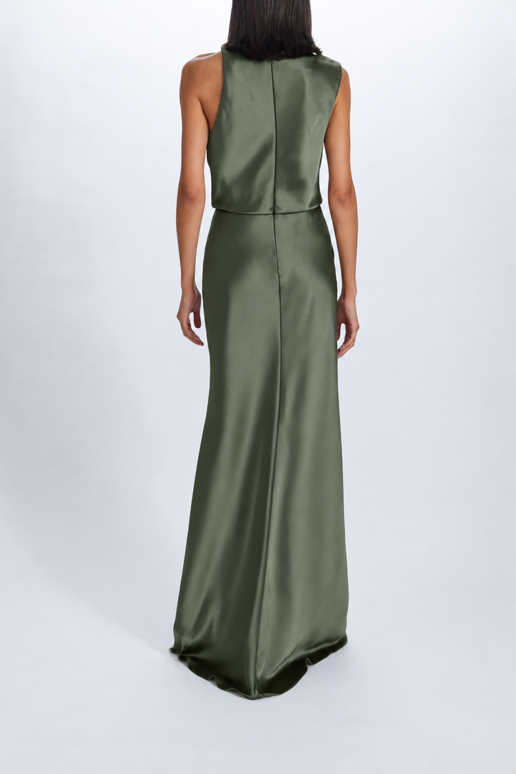 Image number 6: Fluid Satin Draped Neck Dress in Olive, back view