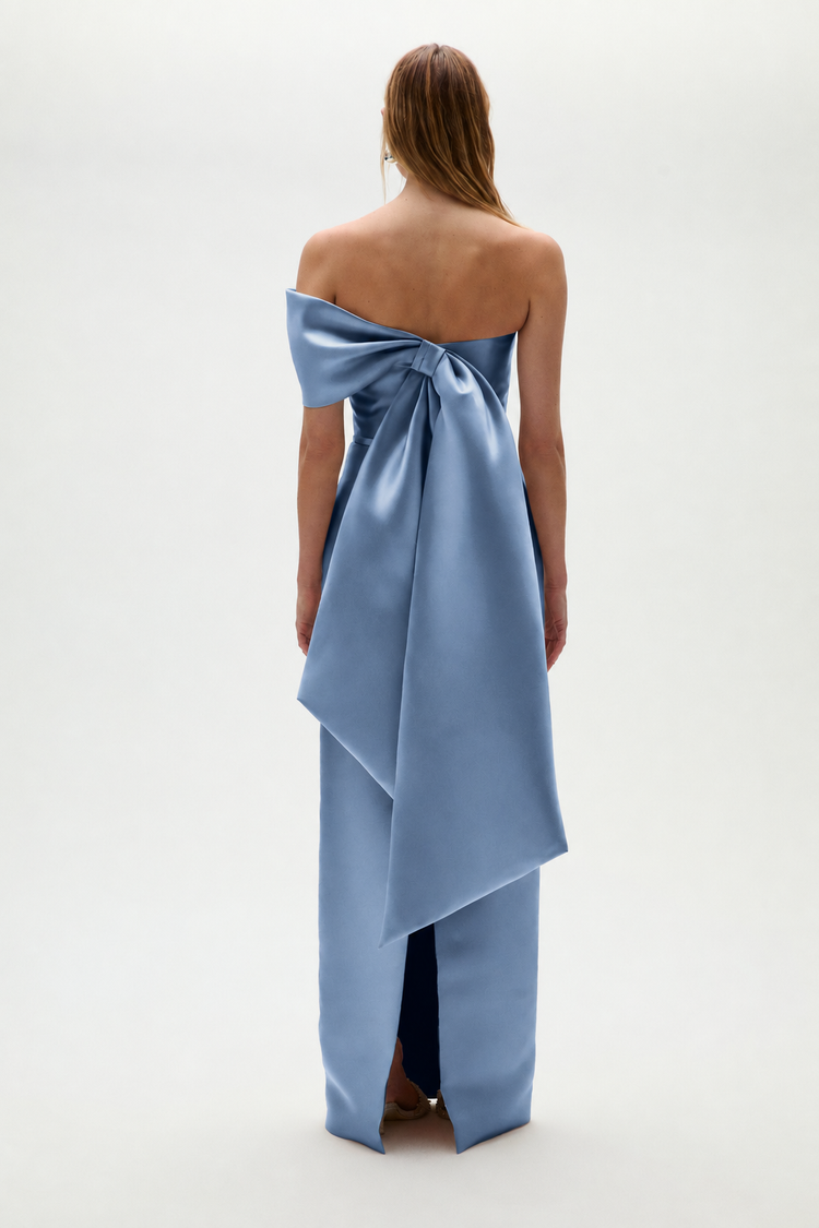 Image number 5: Mikado Bow Column Gown in Smokey-Blue, back view