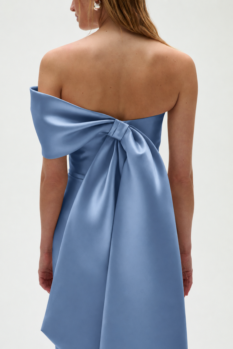 Image number 4: Mikado Bow Column Gown in Smokey-Blue, detail view