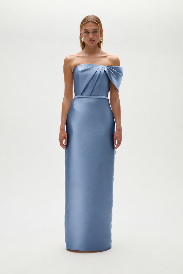 Image number 3: Mikado Bow Column Gown in Smokey-Blue, front view