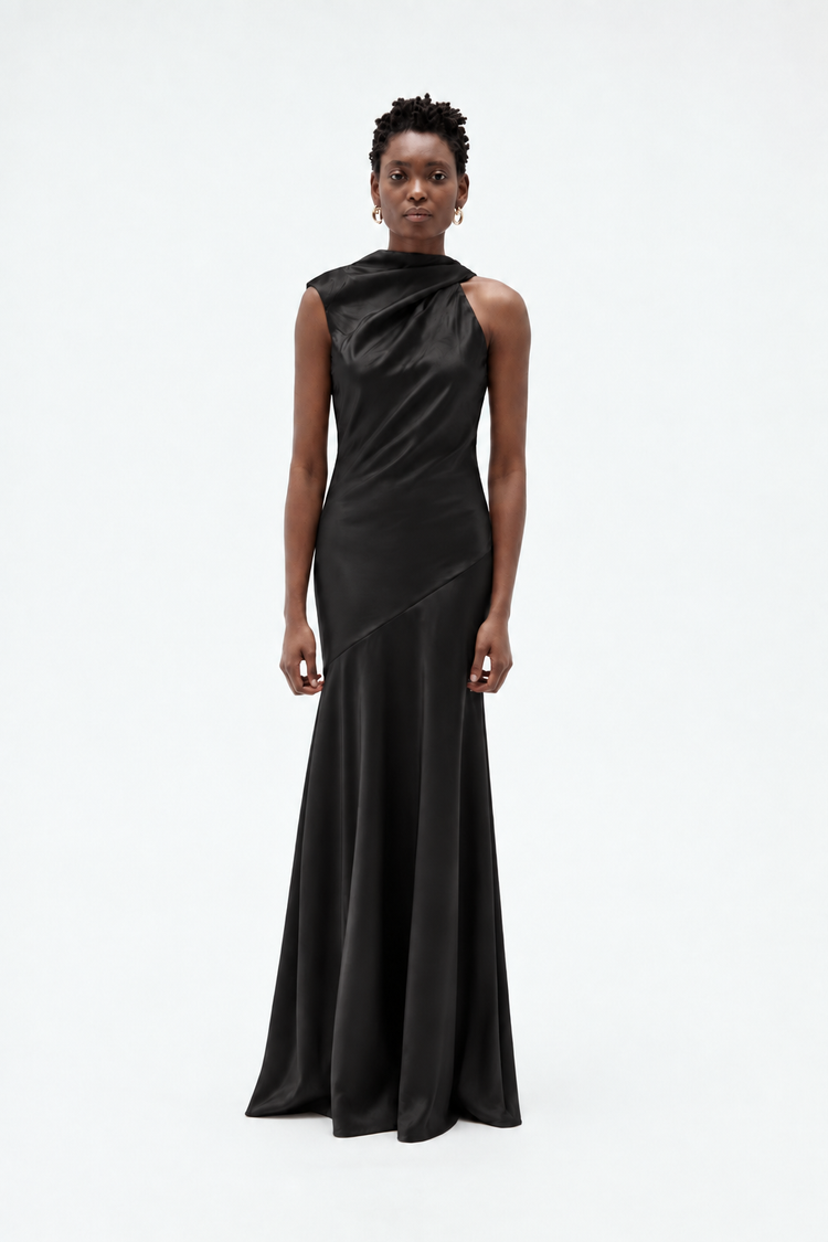 Image number 0: Satin Asymmetric Drape Gown in Black, front view