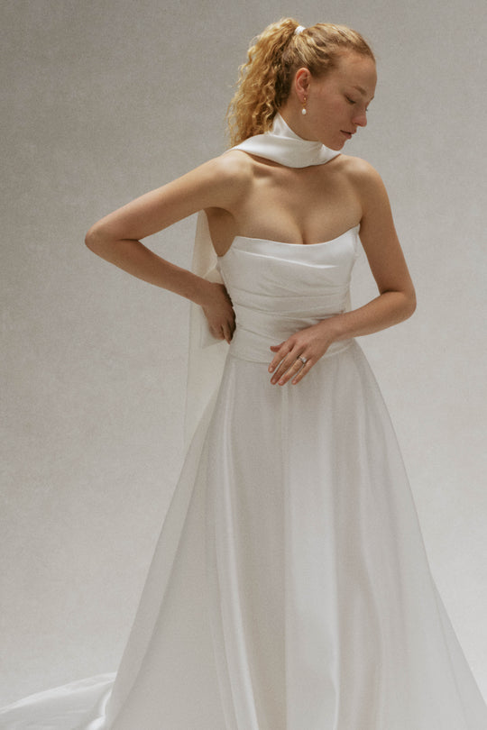 Fluid Satin Scarf, $350, dress by color from Collection Accessories by Nouvelle Amsale, Fabric: fluid-satin