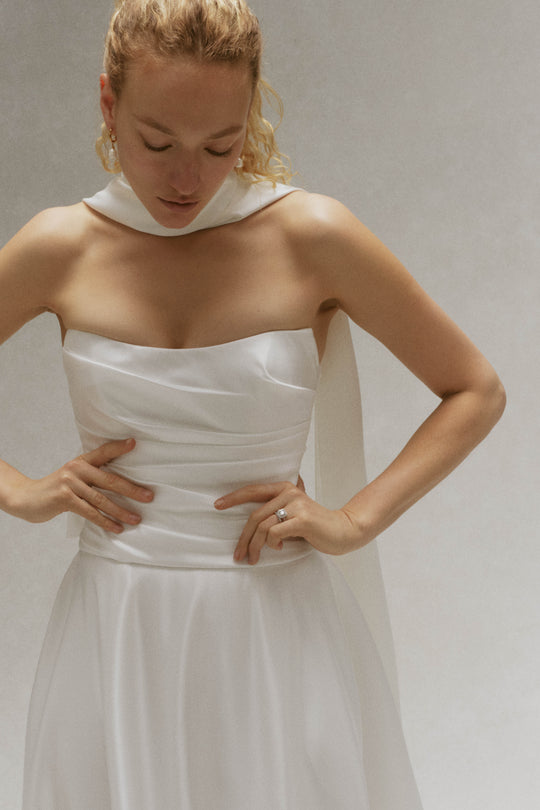 Fluid Satin Scarf, $350, dress by color from Collection Accessories by Nouvelle Amsale, Fabric: fluid-satin