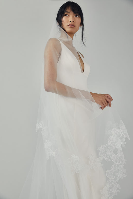 R327V - Butterfly Cathedral length veil with ivy lace edge, $495, accessory from Collection Accessories by Nouvelle Amsale, Fabric: tulle