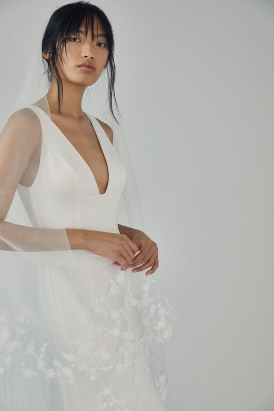 R359V - Butterfly Cathedral length drop veil with Sakura blossoms, $695, accessory from Collection Accessories by Nouvelle Amsale, Fabric: tulle