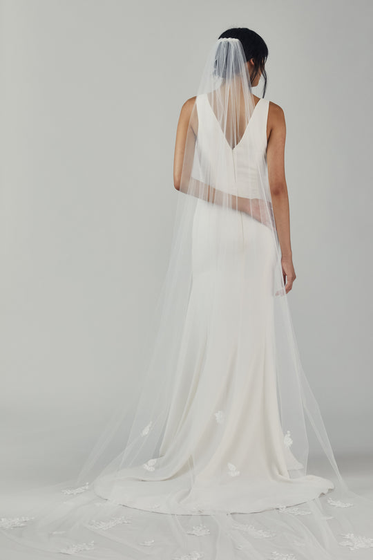 R255U - Cathedral length veil with shimmer lace, $330, accessory from Collection Accessories by Nouvelle Amsale, Fabric: tulle