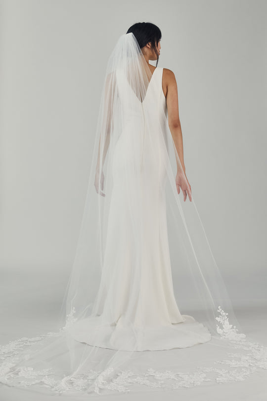 R271DV - Cathedral length veil with lace border, $395, accessory from Collection Accessories by Nouvelle Amsale, Fabric: tulle