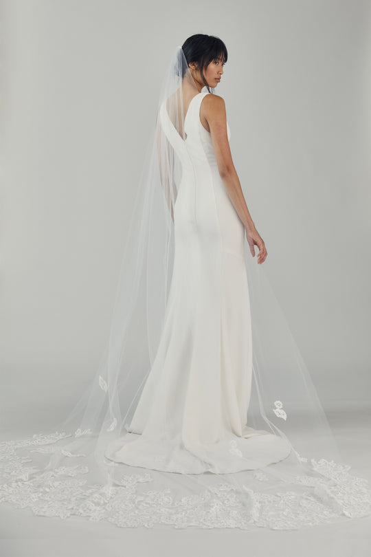 R292U - Cathedral length veil with Chantilly petals, $395, accessory from Collection Accessories by Nouvelle Amsale, Fabric: tulle