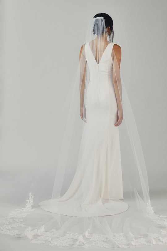 R293U - Cathedral length veil with rose lace, $395, accessory from Collection Accessories by Nouvelle Amsale, Fabric: tulle