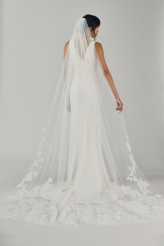 R326V - Cathedral length veil with wide lace border, $425, accessory from Collection Accessories by Nouvelle Amsale, Fabric: tulle