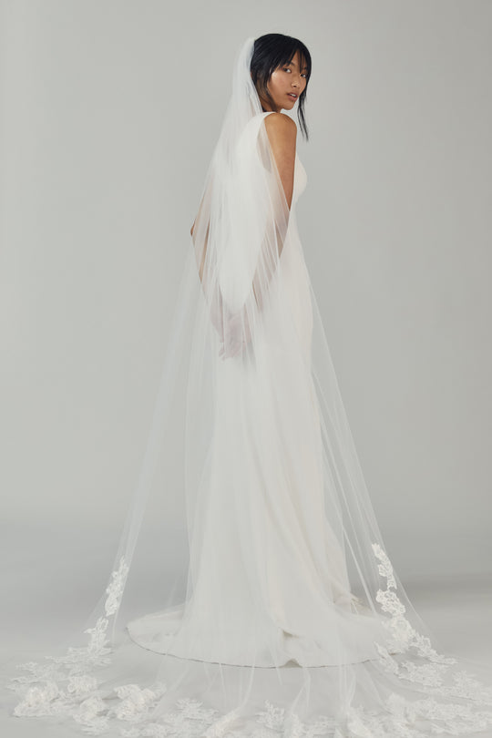 R364V - Cathedral length veil with sequin lace border, $395, accessory from Collection Accessories by Nouvelle Amsale, Fabric: tulle