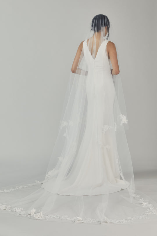 R310V - Butterfly Cathedral length veil with flowers, $395, accessory from Collection Accessories by Nouvelle Amsale, Fabric: tulle