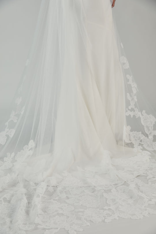 R326V - Cathedral length veil with wide lace border, $425, accessory from Collection Accessories by Nouvelle Amsale, Fabric: tulle