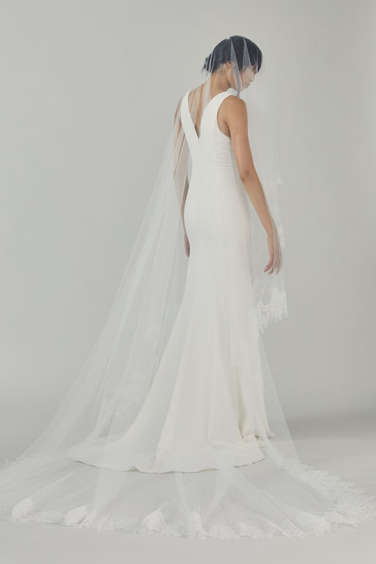 R327V - Butterfly Cathedral length veil with ivy lace edge, $495, accessory from Collection Accessories by Nouvelle Amsale, Fabric: tulle