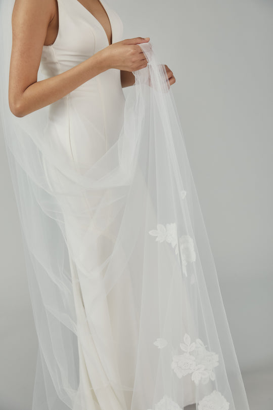 R237U - Cathedral length veil with lace, $330, accessory from Collection Accessories by Nouvelle Amsale, Fabric: tulle