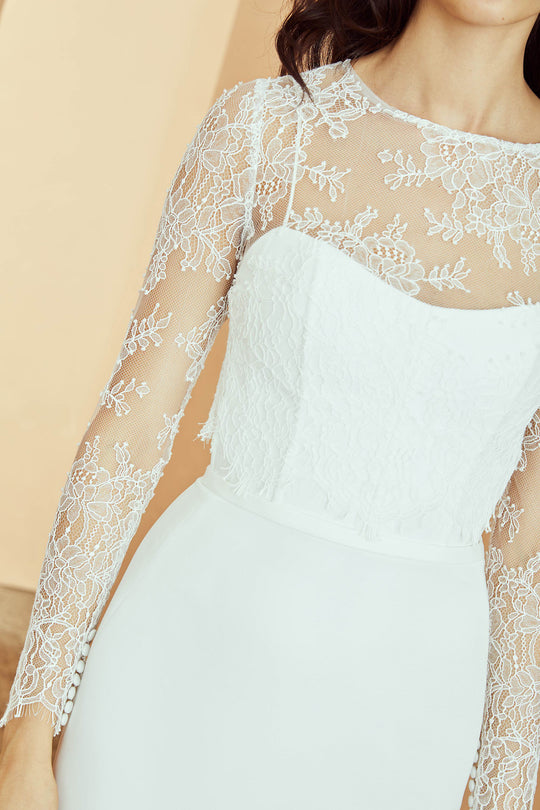 Chantilly Lace Topper, $395, accessory from Collection Accessories by Nouvelle Amsale, Fabric: tulle