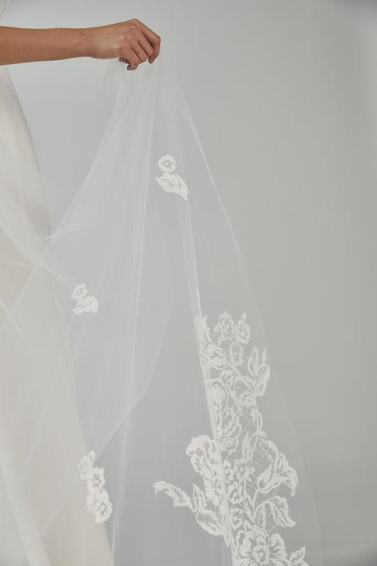 R292U - Cathedral length veil with Chantilly petals, $395, accessory from Collection Accessories by Nouvelle Amsale, Fabric: tulle