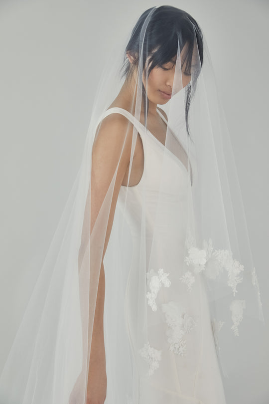 R310V - Butterfly Cathedral length veil with flowers, $395, accessory from Collection Accessories by Nouvelle Amsale, Fabric: tulle