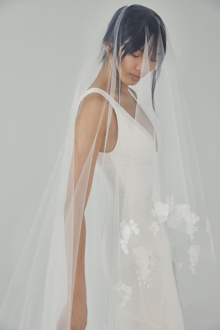 Butterfly Cathedral Length Veil with Flowers, accessory from Collection Accessories by Nouvelle Amsale, Fabric: tulle