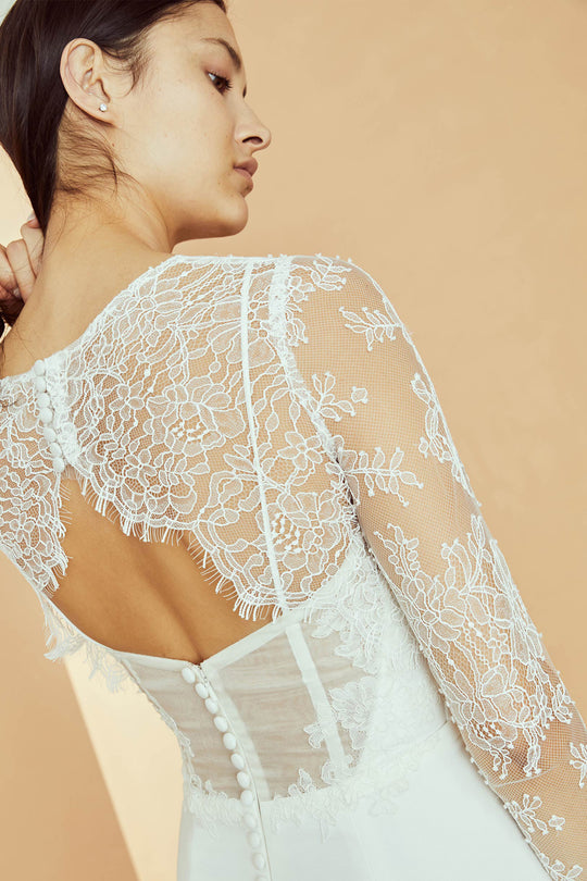 R330TO - Chantilly lace long sleeve top, $395, accessory from Collection Accessories by Nouvelle Amsale, Fabric: tulle