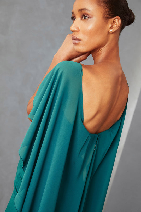 P357 - Off-the-shoulder Cape Gown - Hunter, $495, dress by color from Collection Evening by Amsale