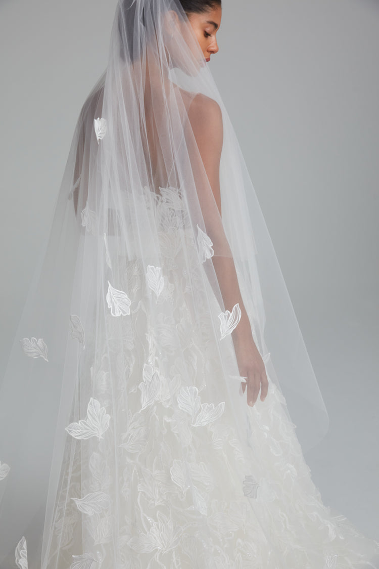3D leaf cathedral veil, accessory from Collection Accessories by Amsale, Fabric: embellished-tulle