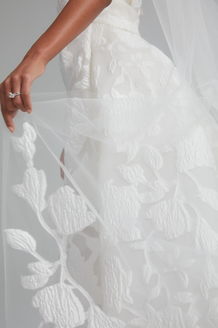 Floral jacquard cathedral veil, accessory from Collection Accessories by Amsale, Fabric: organza-floral-jacquard