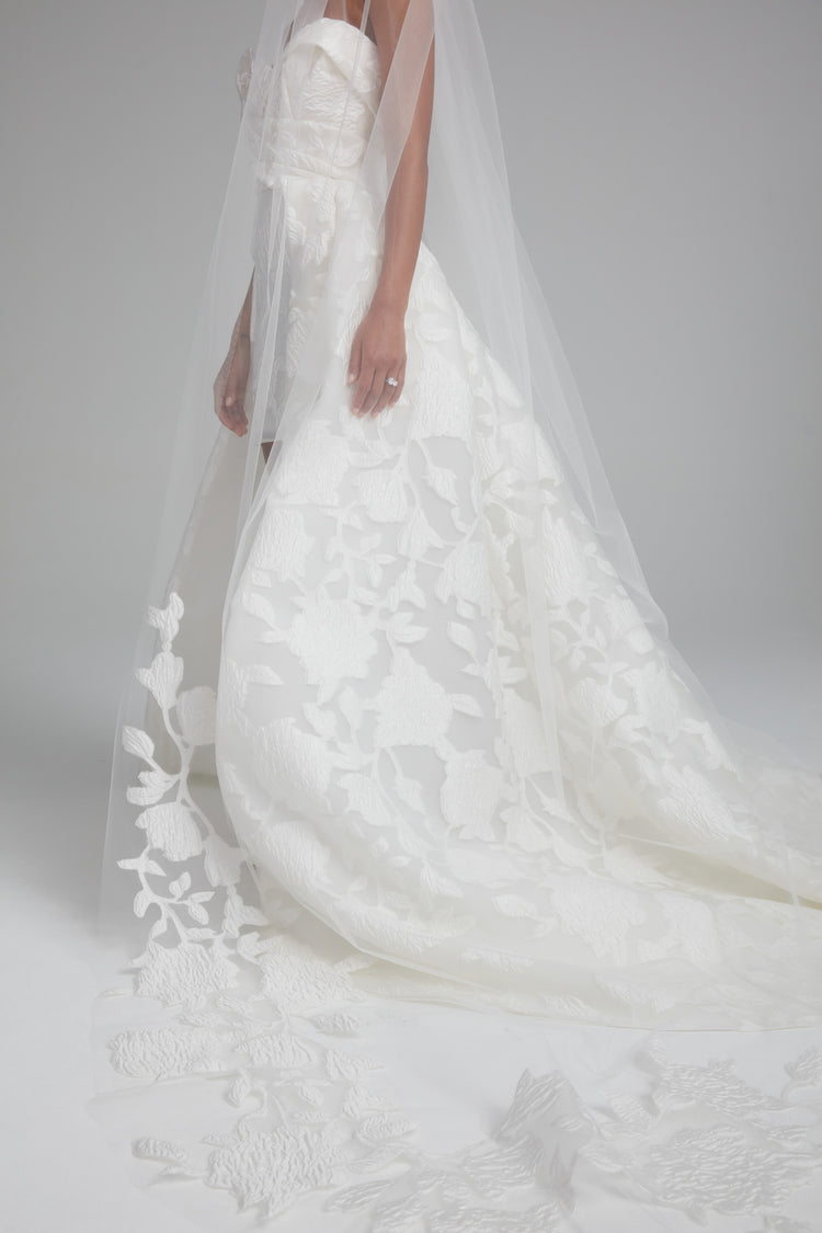 Floral jacquard cathedral veil, accessory from Collection Accessories by Amsale, Fabric: organza-floral-jacquard