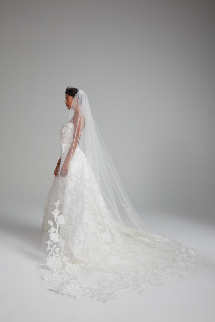Floral jacquard cathedral veil, accessory from Collection Accessories by Amsale, Fabric: organza-floral-jacquard