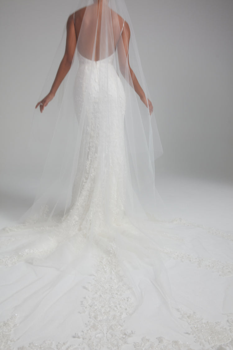 Sylvie, dress from Collection Bridal by Amsale, Fabric: embellished-illusion-plunge-cutaway