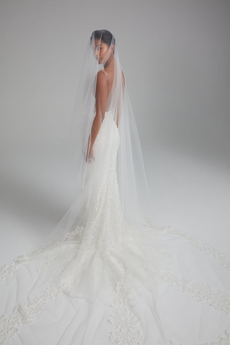 Sylvie, dress from Collection Bridal by Amsale, Fabric: embellished-illusion-plunge-cutaway