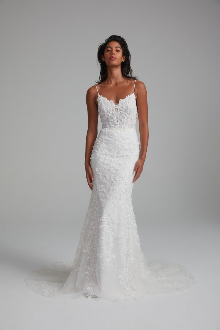 Sylvie, dress from Collection Bridal by Amsale, Fabric: embellished-illusion-plunge-cutaway
