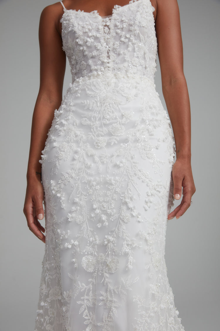 Sylvie, dress from Collection Bridal by Amsale, Fabric: embellished-illusion-plunge-cutaway