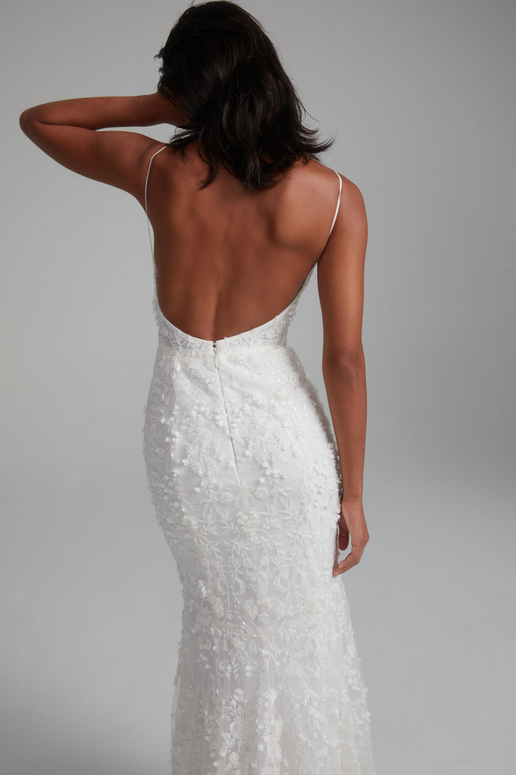 Sylvie, dress from Collection Bridal by Amsale, Fabric: embellished-illusion-plunge-cutaway