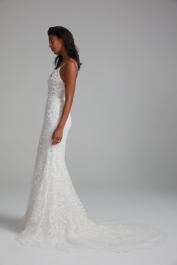Sylvie, dress from Collection Bridal by Amsale, Fabric: embellished-illusion-plunge-cutaway