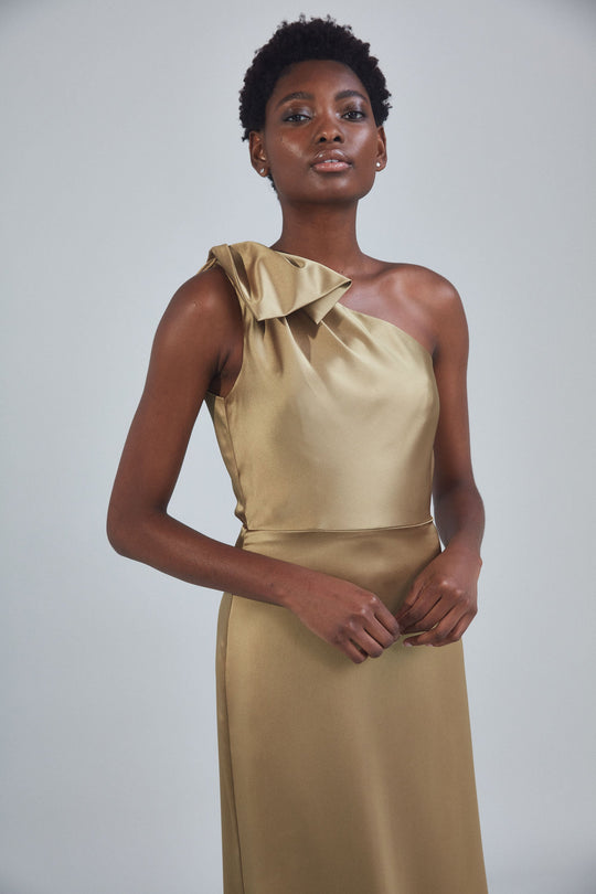 P395S - One-Shoulder Bow Gown - Mocha, $550, dress by color from Collection Evening by Amsale