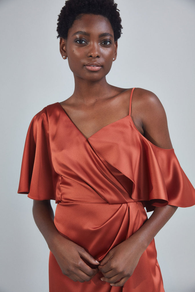 Product P396S - Asymmetrical Sleeve Column Dress - Champagne Image