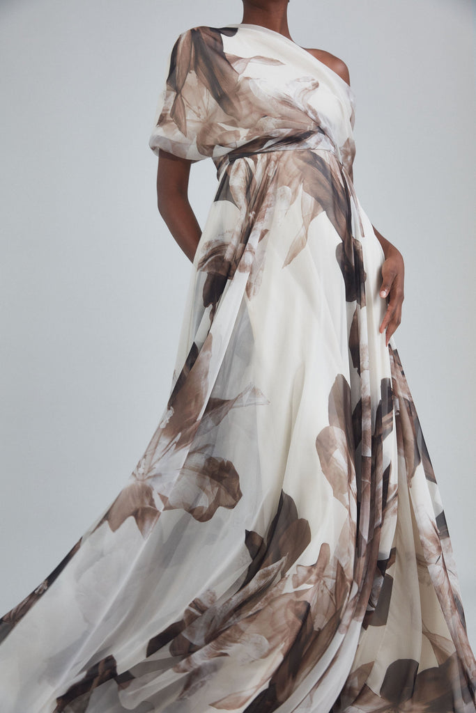 Product P405C - Printed Chiffon Draped Gown - Sepia Image